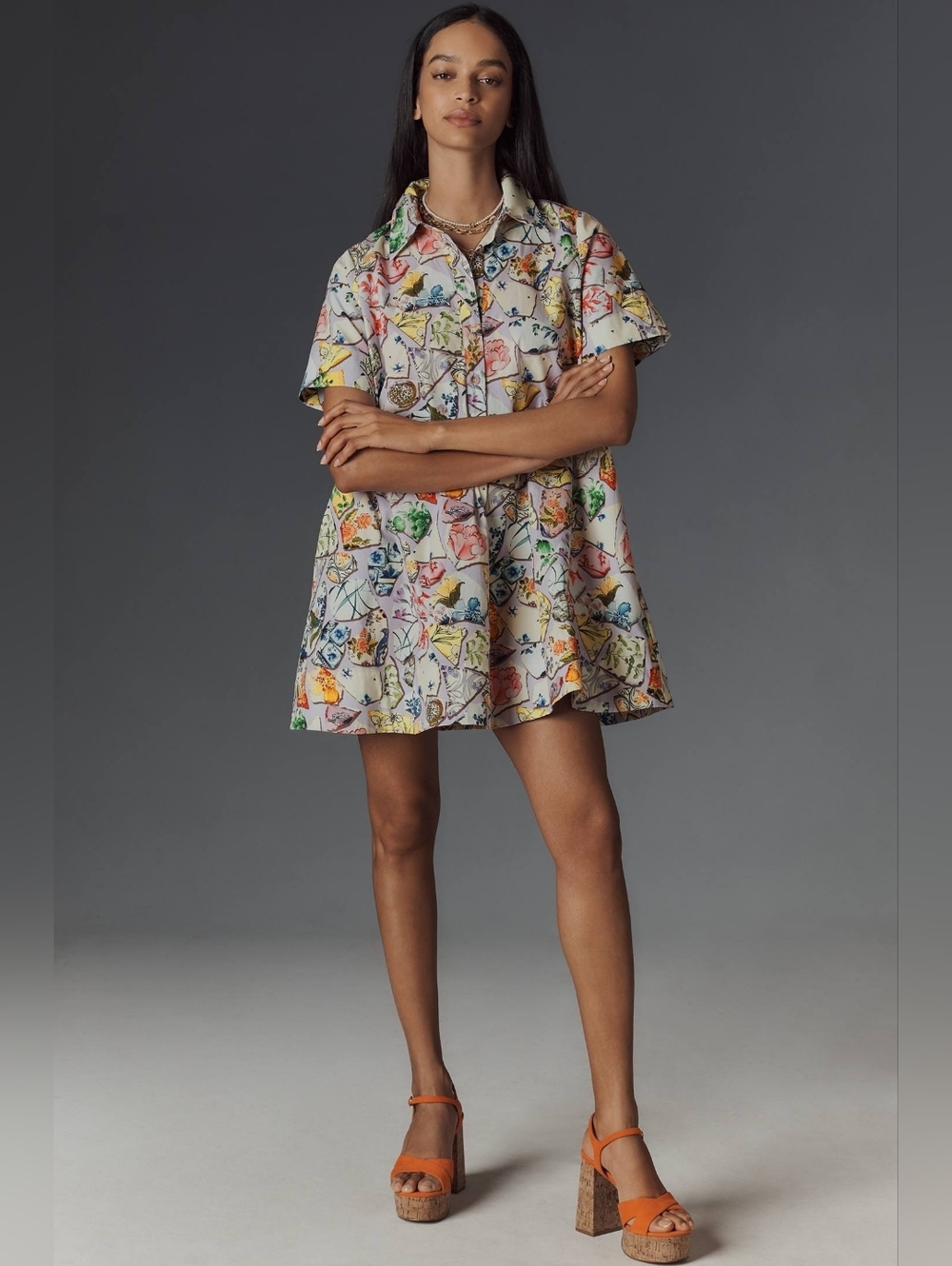 Anthropologie Casual Pastel Floral Short-Sleeve Button-Down Shirt - Multicolor - Picture 1 of 8